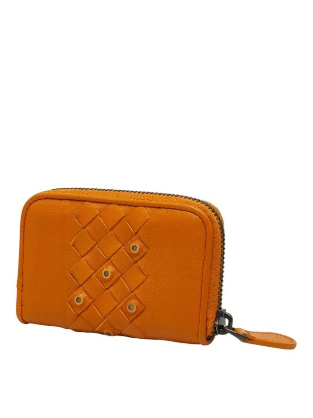 Bottega Veneta Intrecciato Zip Around Coin Purse Orange Brown Leather